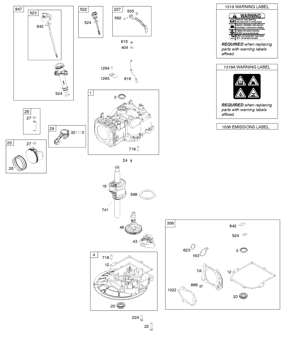 Camshaft, Crankshaft, Cylinder, Gasket Set, Piston/Rings/Connecting Rod, Sump, Warning Label Diagram and Parts List for 93J02-0079-H1  Briggs and Stratton Engine